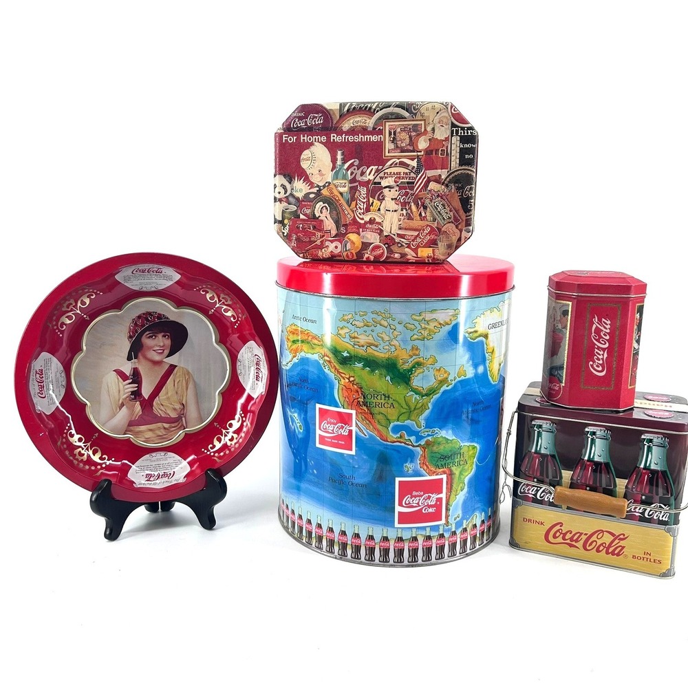 Vintage Coca-Cola Collectible Tin Lot World Map Carrier Tray Lunch Box 5pc Set